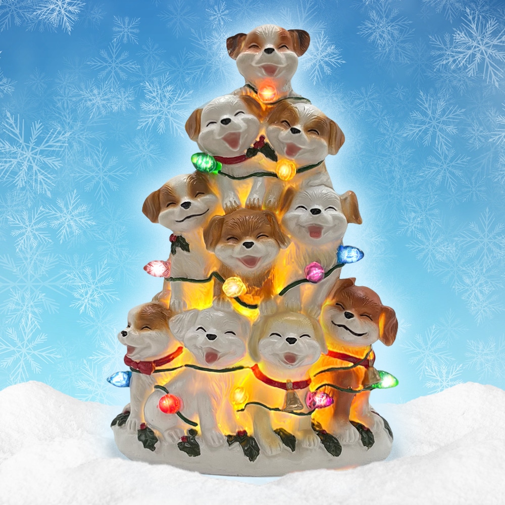 Image of Puppy Christmas Tree with Lights - Hand Crafted Resin Tree , Lighted Holiday Decor-  Helps Feed Shelter Dogs in Need