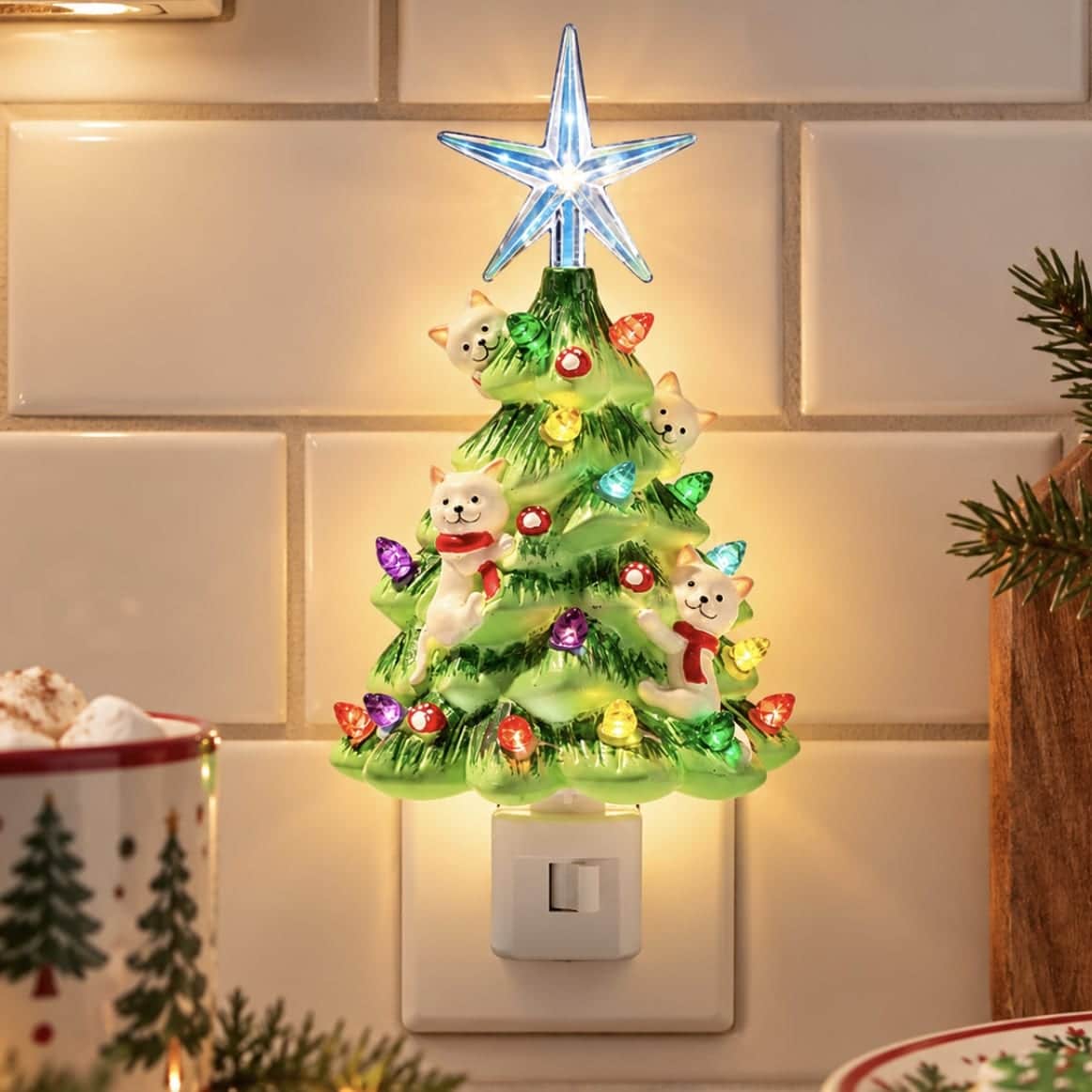 Christmas Tree Cat Night Light -Nostalgic,Hand Crafted Christmas Tree, Kitchen, Family Room, Bathroom