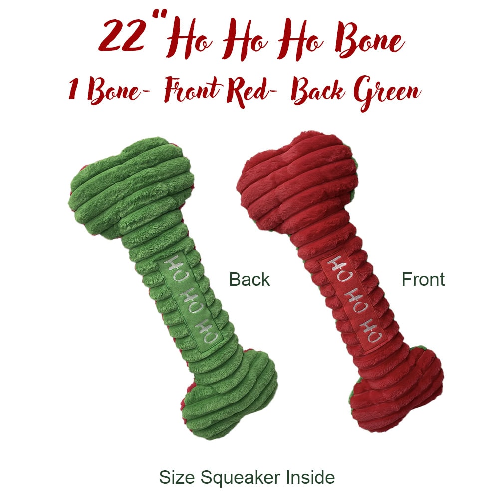 Ho Ho Ho Christmas Bone 22" Plush Dog Toy with Squeaker Inside ( 1 Bone Toy -Front Red, Back Green )