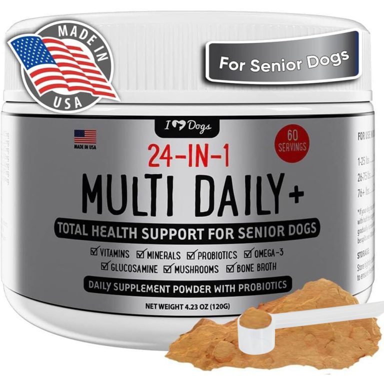 iHeartDogs 24-in-1 SENIOR Multivitamin Daily+ Total Health Support Powder with Probiotics, Omega-3, Glucosamine, Mushrooms & Bone Broth- 60 Servings