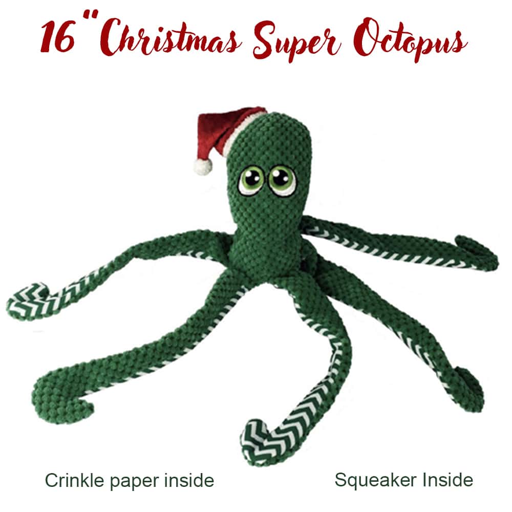 Inky 16" Super Christmas Octopus - Plush Dog Toy with Crinkle & Squeaker Inside