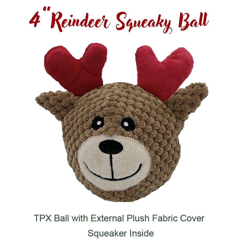 Reindeer Squeaky Ball 4" Plush Dog Toy -Durable Ball Inside with Reindeer Plush Outside