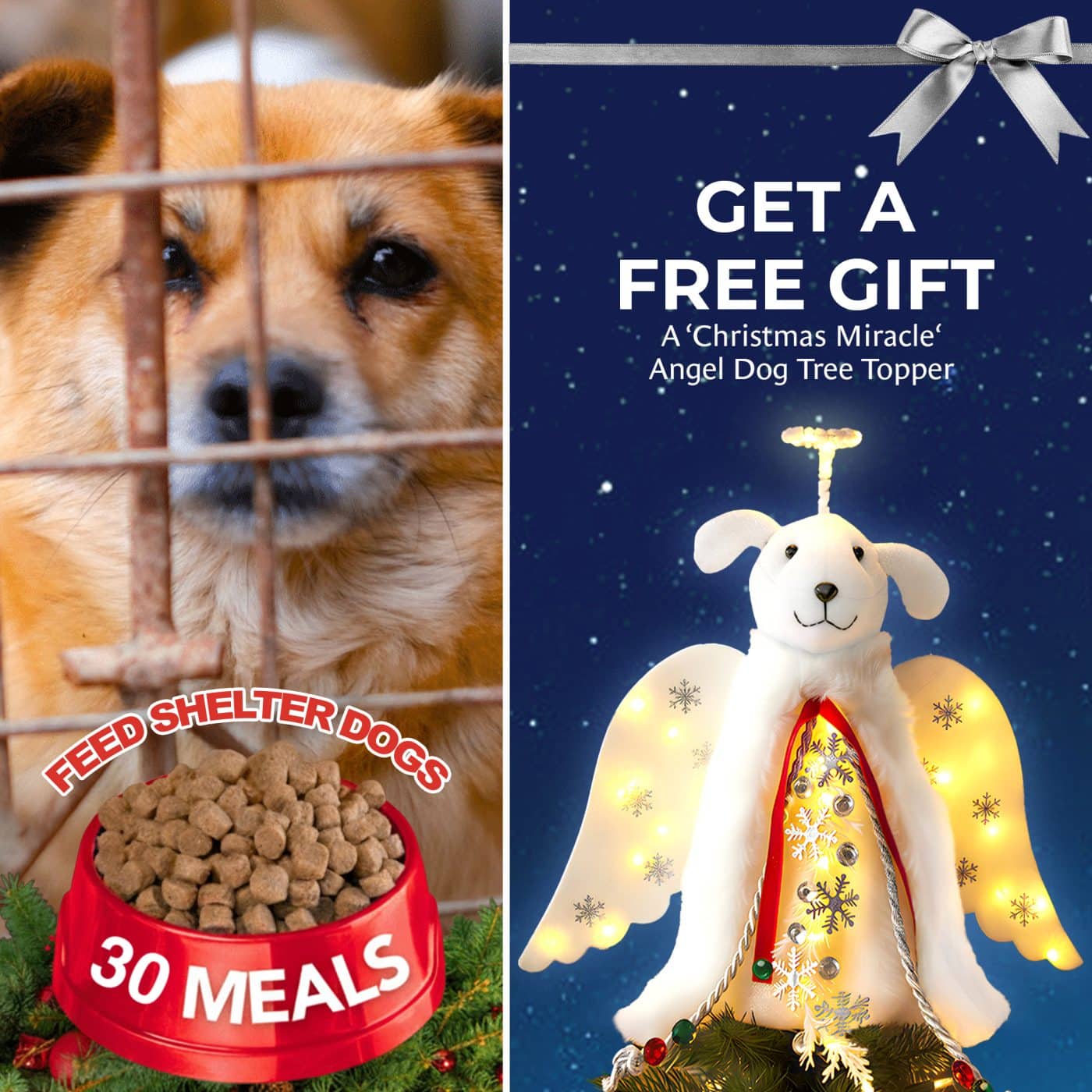 Fund 30 Meals for $20  & Get a FREE GIFT of A ‘Christmas Miracle’ Angel Dog Tree Topper, Holiday Decoration- Lighted Snowflake Garland, Halo & Wings
