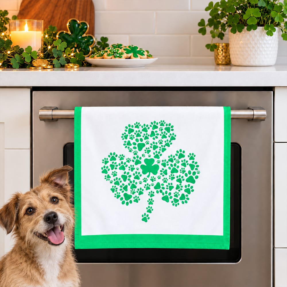 Lucky Dog Shamrock Paw Print Kitchen Towel – Large 28″x 19″