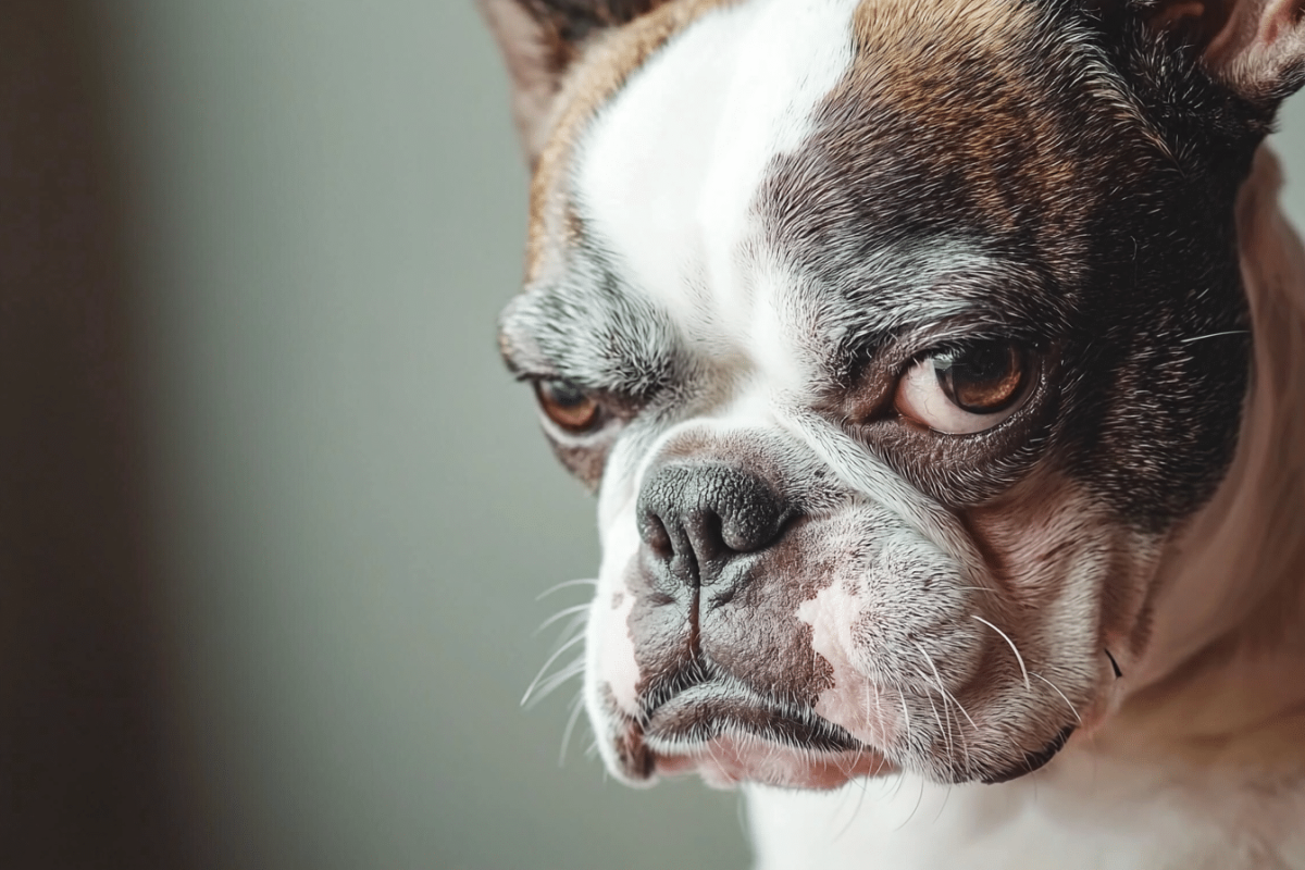 Boston Terrier with a serious expression that appears grumpy at rest