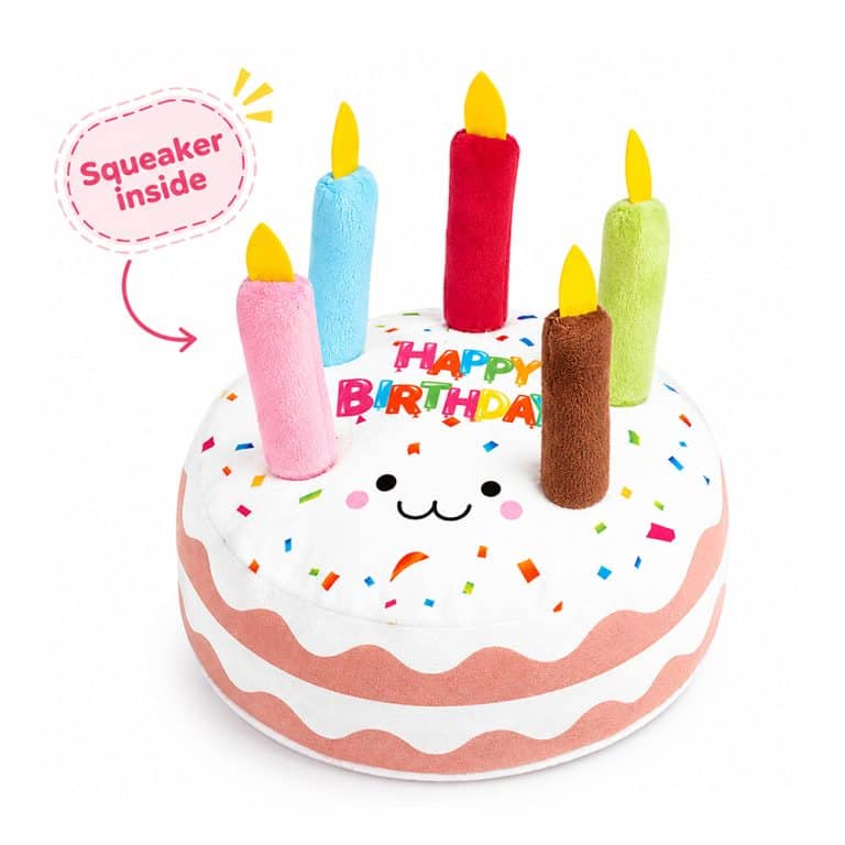 Happy Birthday Cake Polka Dot Plush Dog Toy with Squeaker Inside - Helps Feed Hungry Shelter Dogs In Need