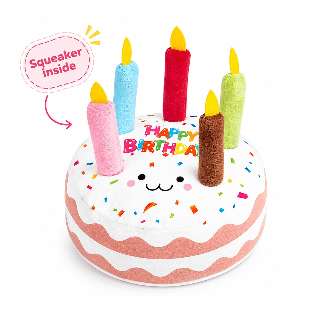Happy Birthday Cake Polka Dot Plush Dog Toy with Squeaker Inside - Helps Feed Hungry Shelter Dogs In Need