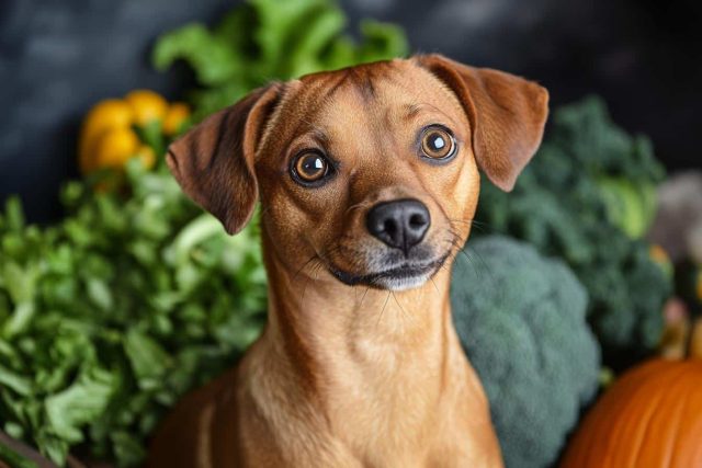 closeup of brown dog in front of superfoods, greens, broccoli, pumpkin, etc.