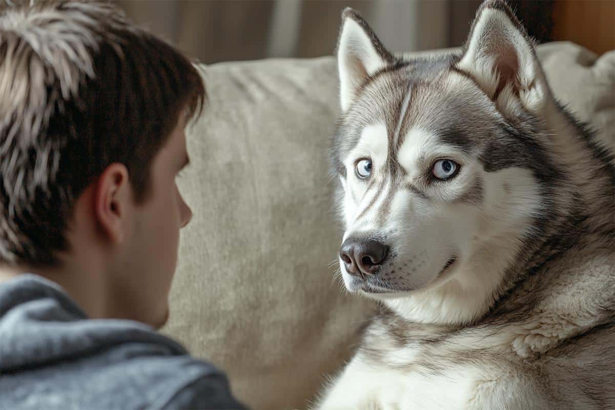 Siberian Husky howling dramatically with expressive bath time protest