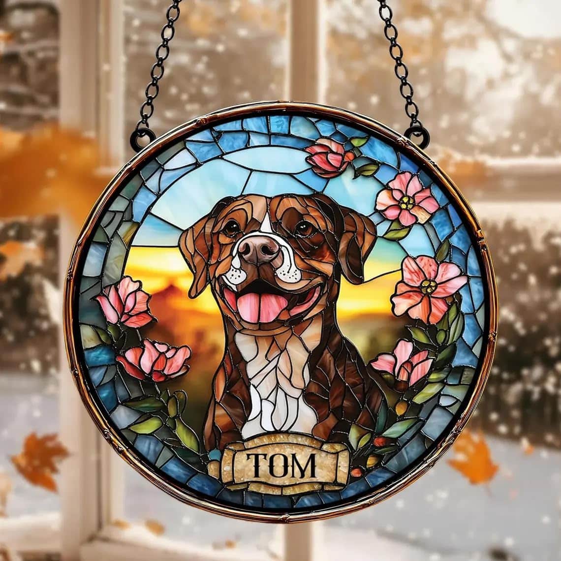 Custom Dog Portrait Stained Glass Window Hanging Light Catcher