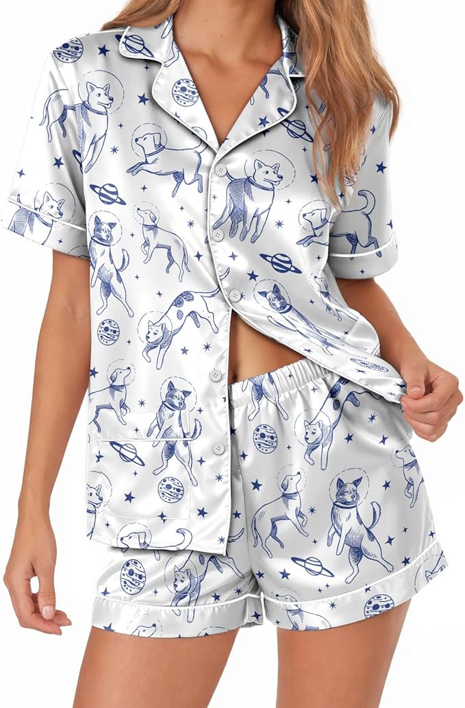 Women’s Silk Short Satin Pajama Set – Space Dogs