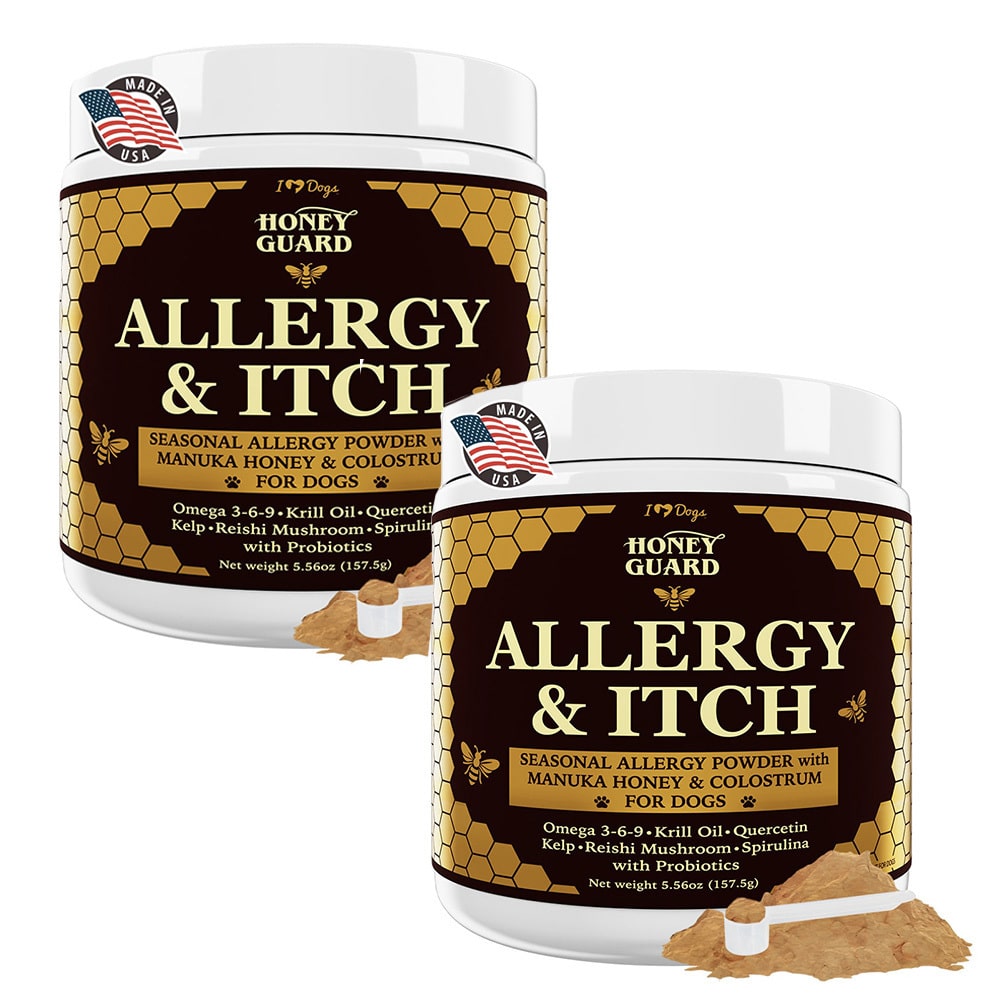 Buy 2 and SAVE Honey Guard™ – Allergy & Itch Omega-3-6-9 Powder for Dogs Extra Strength with Manuka Honey, Quercetin, Colostrum, Krill Oil and Probiotics – 90 Scoops