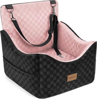 The JOEJOY Elevated Dog Car Seat is a comfortable and practical choice for pet parents who want to make car rides more enjoyable for their furry companions. Designed for small to medium dogs, this dog booster seat features a 5-inch elevated design that gives your pup a better view out the window while traveling. Its high-density memory foam cushioning provides a soft, supportive resting spot, while the reversible plush and faux leather cover offers comfort throughout the seasons. The built-in adjustable safety tether, non-slip bottom, and headrest strap help keep the seat stable and your dog comfortably positioned during trips. Plus, the removable, machine-washable cover and convenient storage pockets make this elevated dog car seat easy to maintain and practical for everyday adventures.