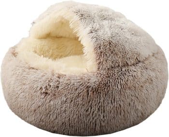 KWEWIK Cat Bed Round Soft Plush Burrowing Cave Hooded Cat Bed Donut for Dogs & Cats