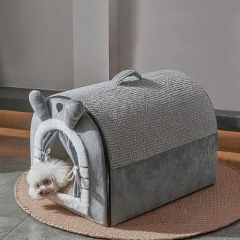 Cute Small Dog Cave Bed with Door Curtain Design