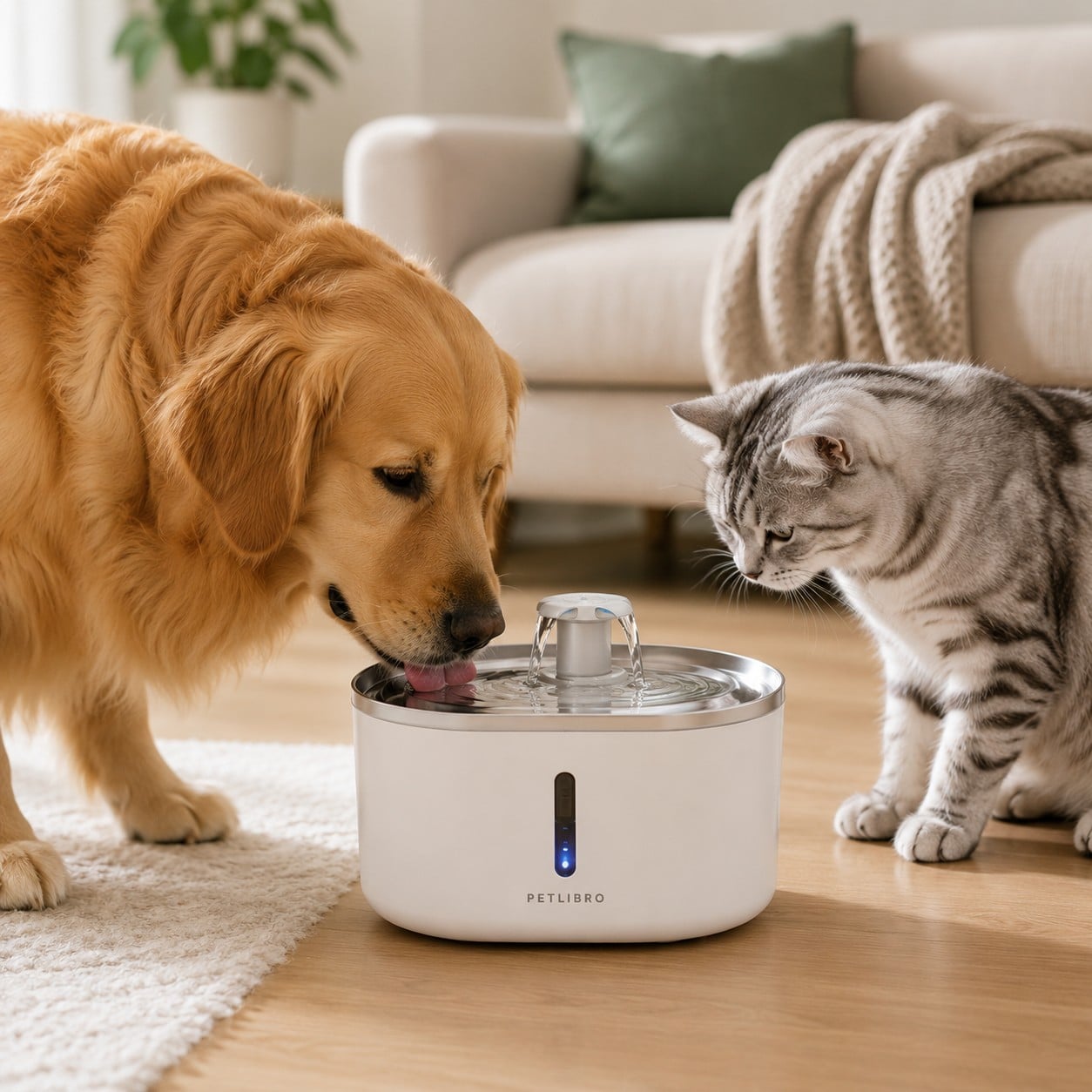 dog drinking from fountain while cat watches