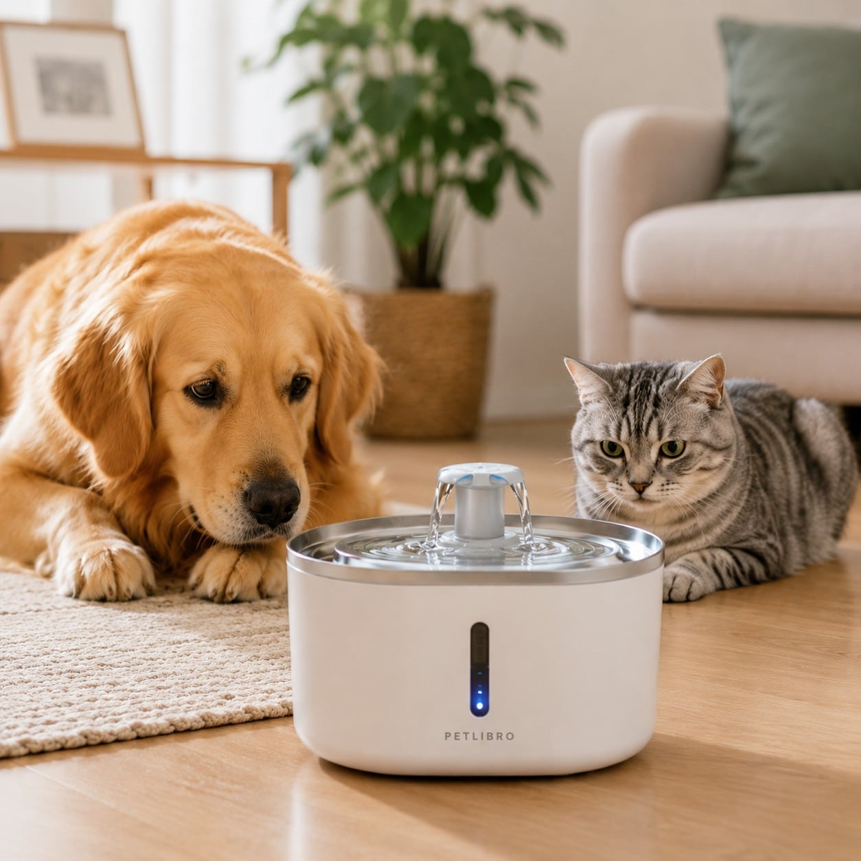 dog and cat watching water fountain