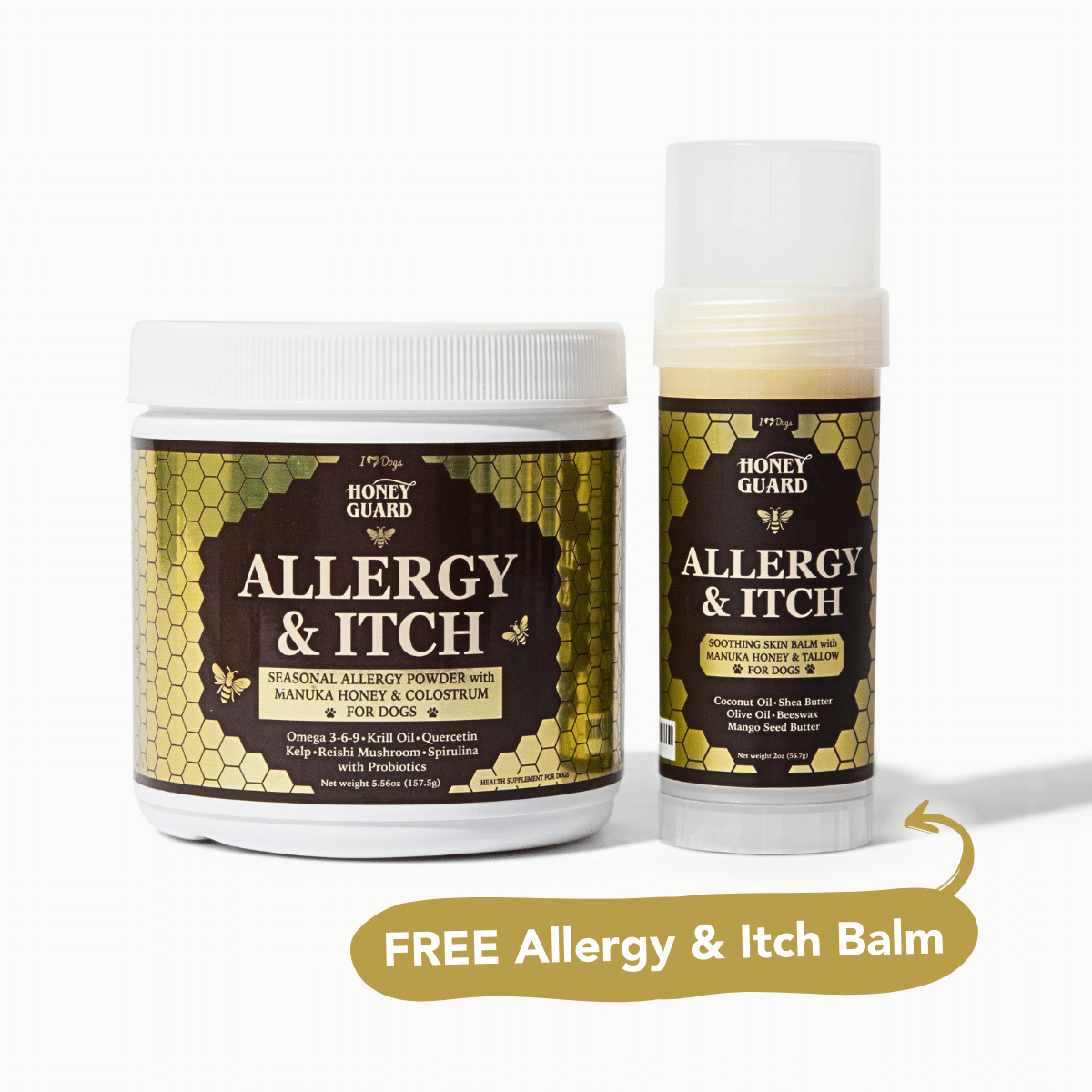 FREE Paw & Nose Healing Balm With Purchase of Honey Guard™ – Allergy & Itch Omega 3-6-9 Powder for Dogs Extra Strength with Manuka Honey, Quercetin, Colostrum, Krill Oil and Probiotics – 90 Scoops