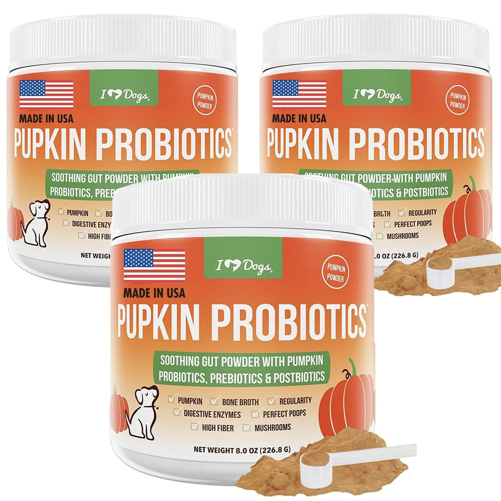 SET of 3 iHeartDogs Pupkin™ Probiotics, Prebiotics, & Postbiotics for Dogs with  Pumpkin, Gut Soothing Bone Broth & Mushrooms