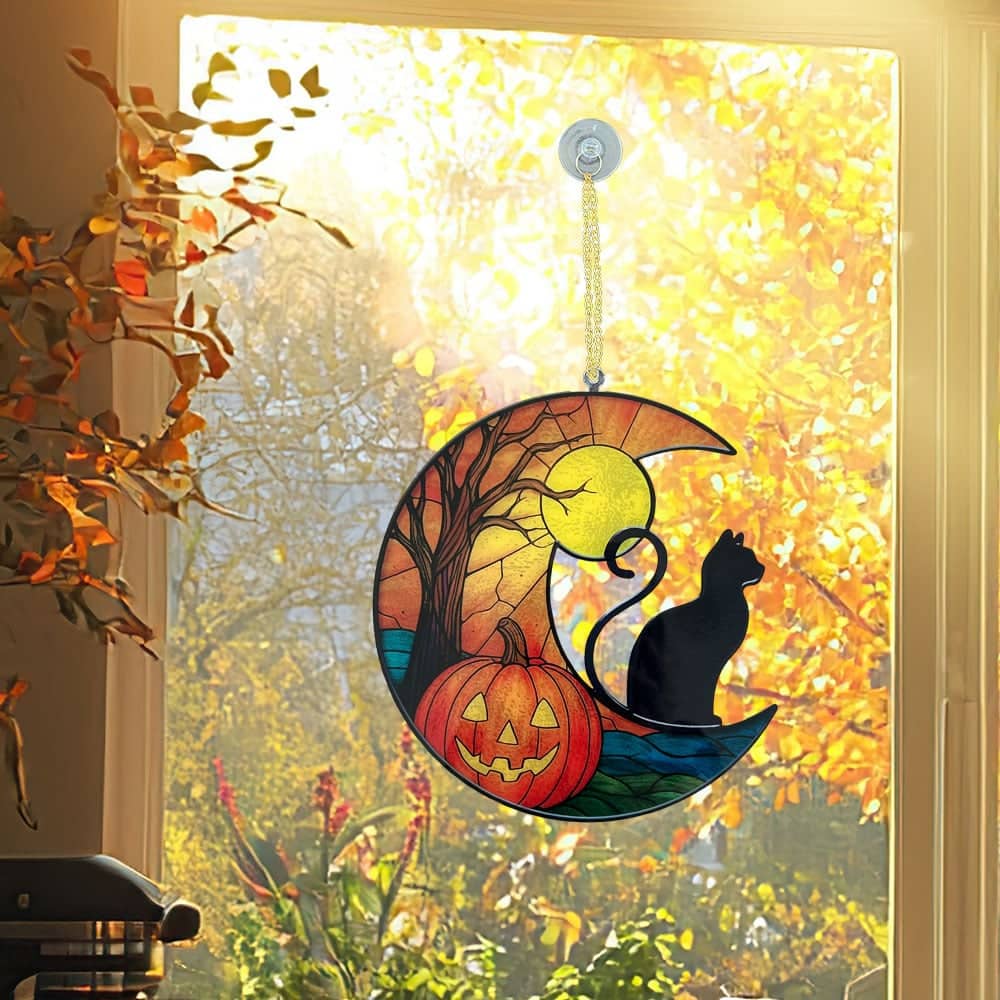 Halloween Cat & Pumpkin Scene Plexi Glass Sign – Handcrafted Acrylic Window Ornament- Helps Feed Hungry Shelter Cats in Need - Image 2
