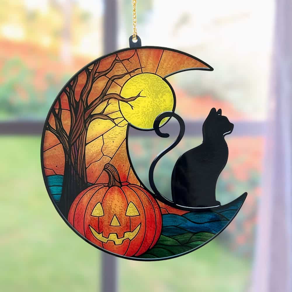 Halloween Cat & Pumpkin Scene Plexi Glass Sign – Handcrafted Acrylic Window Ornament- Helps Feed Hungry Shelter Cats in Need - Image 4