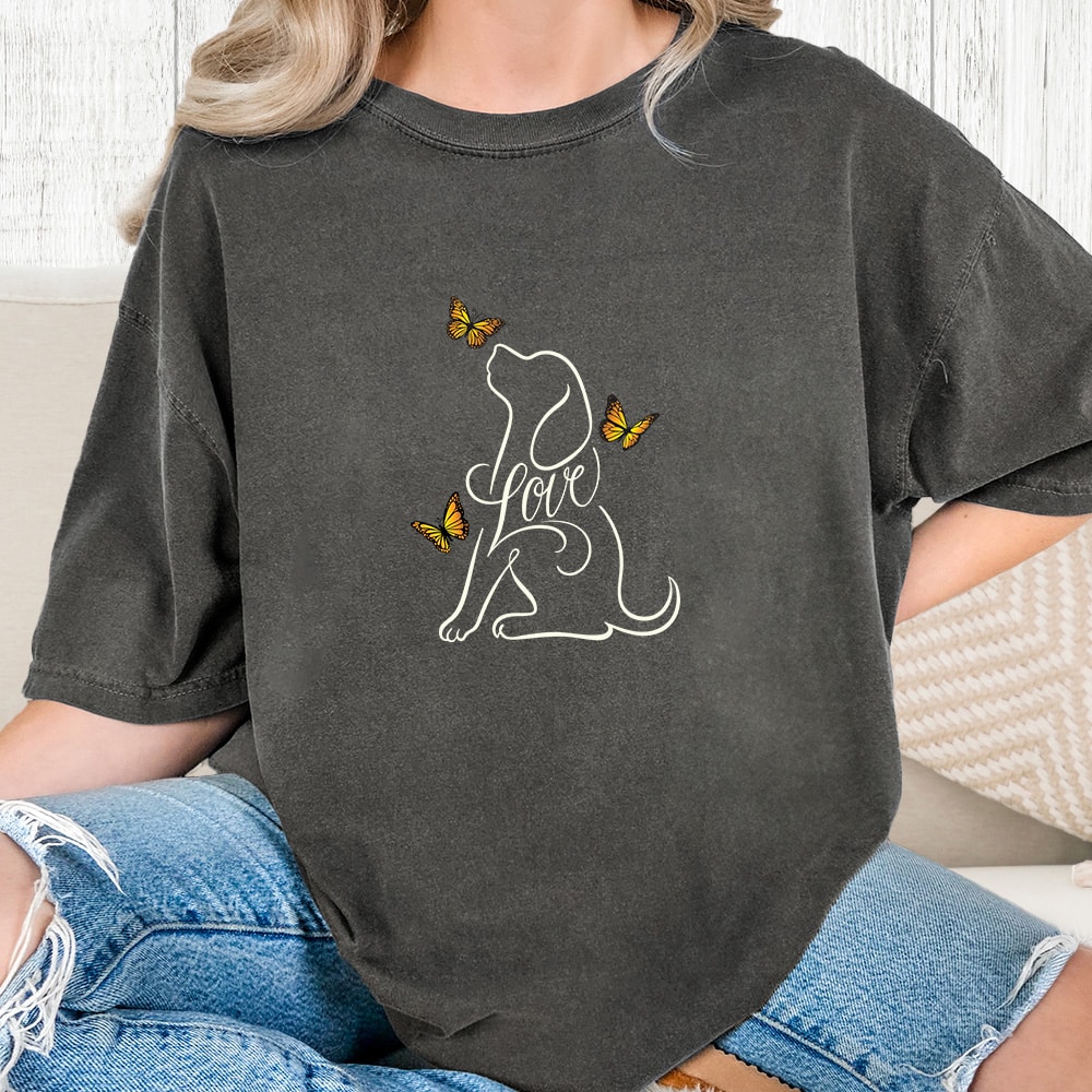 Comfort Colors Loving Dog Butterflies Vintage Washed Tee - Pepper