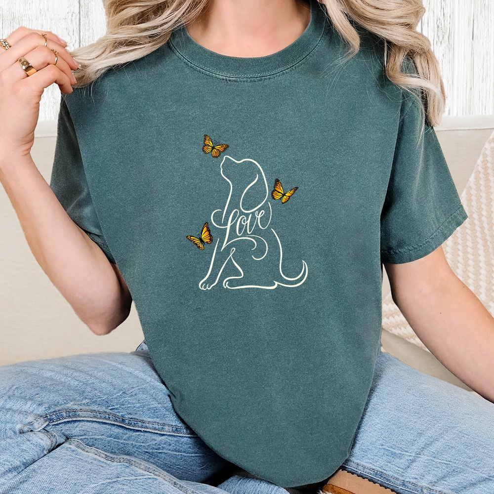 Comfort Colors Loving Dog Butterflies Vintage Washed Tee - Blue Spruce