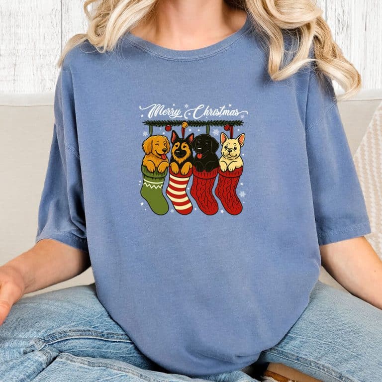 Comfort Colors Merry Christmas Doggie Stockings Vintage Washed Tee - Blue Jean