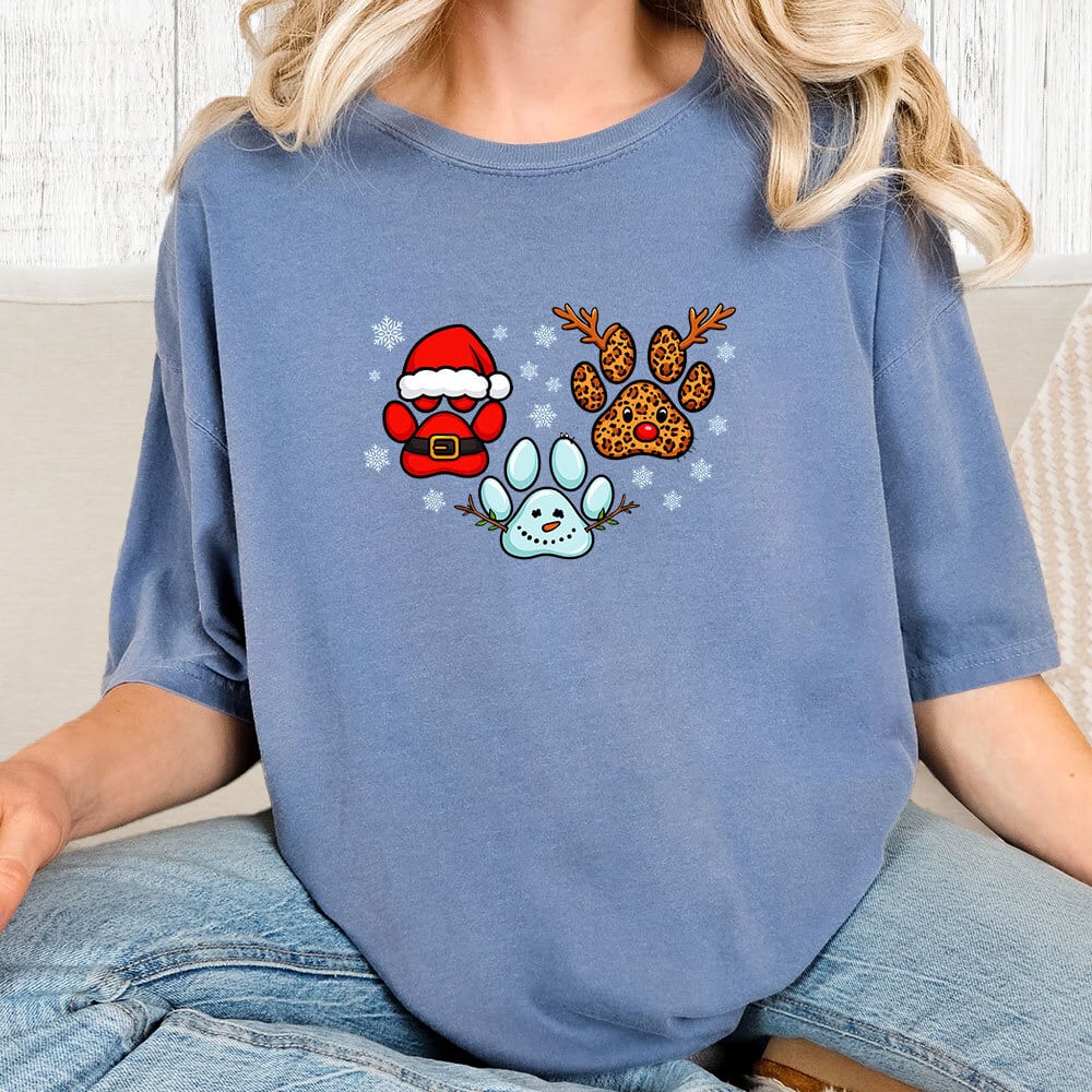 Comfort Colors Fun Holiday Paws Vintage Washed Tee - Blue Jean