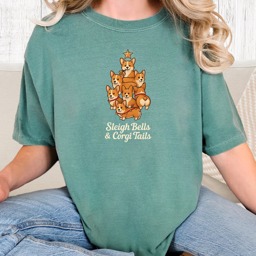 Comfort Colors Sleigh Bells & Corgi Tails Vintage Washed Tee - Seafoam