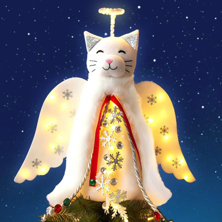 A ‘Christmas Miracle‘ Angel Cat Tree Topper, Holiday Decoration- Lighted Snowflake Garland, Halo & Wings – Helps Feed 30 Hungry Shelter Cats in Need