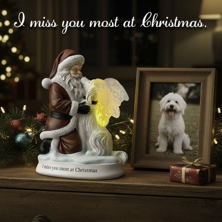 'I Miss You Most at Christmas' Santa & Angel Dog Lighted Memorial Figurine