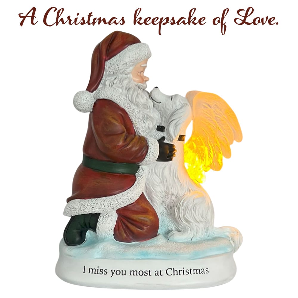 Image of 'I Miss You Most at Christmas' Santa & Angel Dog Lighted Memorial Figurine- Helps Feed Hungry Shelter Dogs in Need