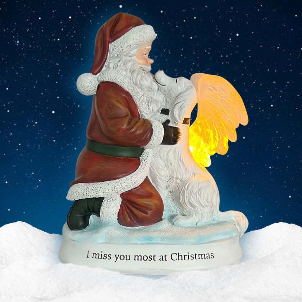Image of 'I Miss You Most at Christmas' Santa & Angel Dog Lighted Memorial Figurine- Helps Feed Hungry Shelter Dogs in Need