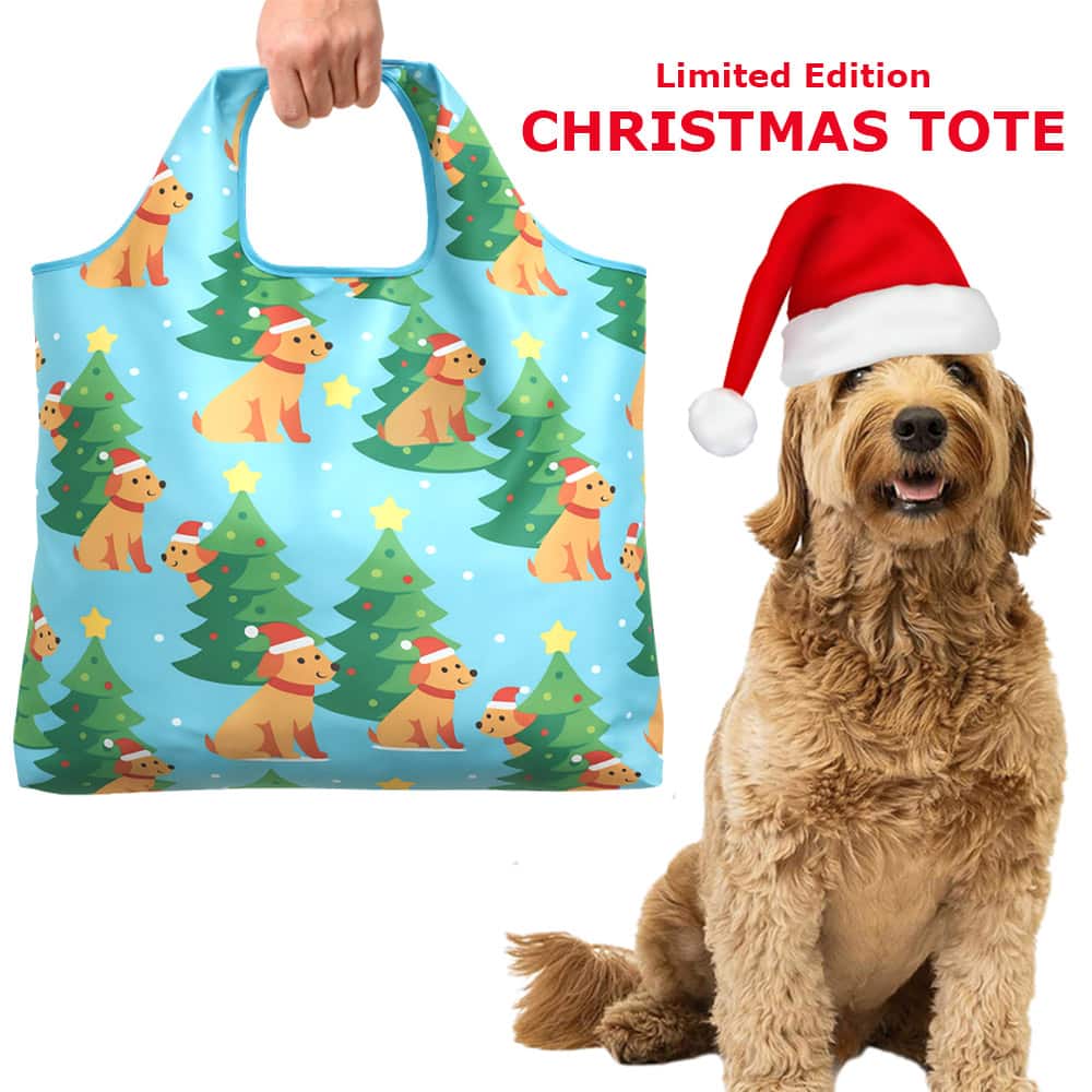 Image of Santa Pups Folding Tote – Holiday Bag – Travel, Shopping, & More- Folding Grocery Tote Pouch Bag