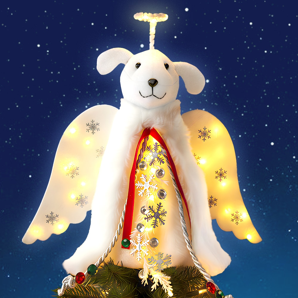 Image of A ‘Christmas Miracle‘ Angel Dog Tree Topper, Holiday Decoration- Lighted Snowflake Garland, Halo & Wings - Helps Feed 30 Hungry Shelter Dogs in Need
