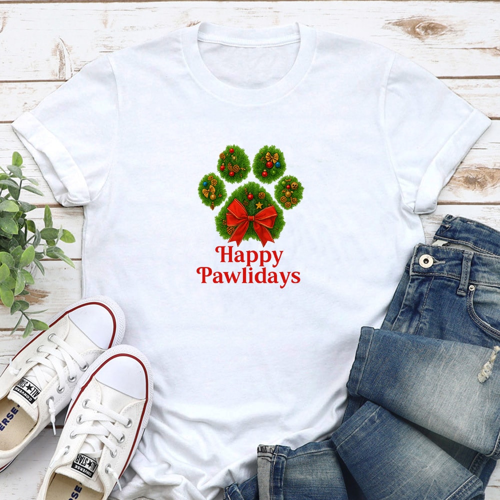 Happy Pawlidays Wreath Standard Tee White