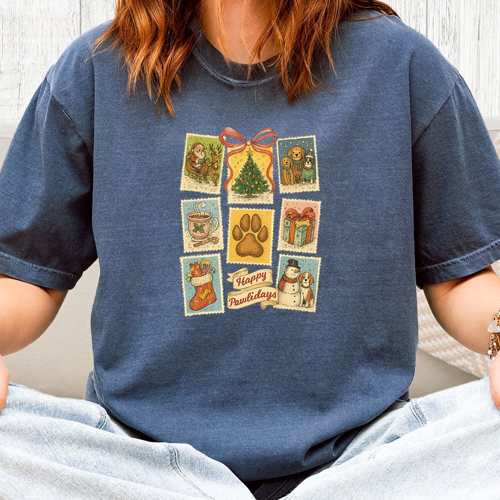 Comfort Colors Happy Pawlidays Stamps Vintage Washed Tee - Denim