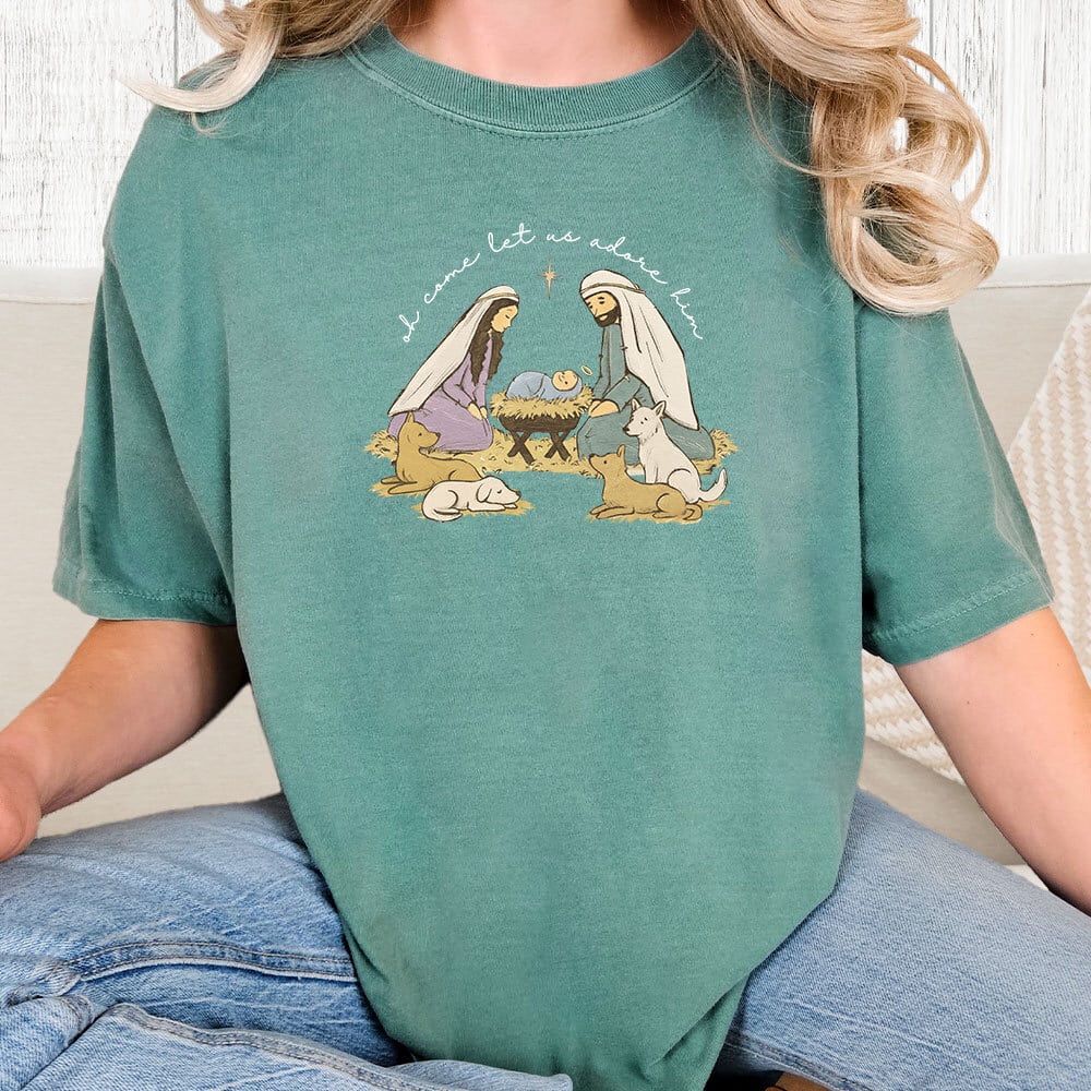Comfort Colors Oh Come Let Us Adore Him Vintage Washed Tee - Seafoam