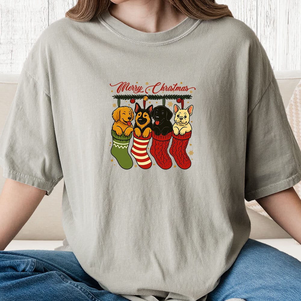 Comfort Colors Merry Christmas Doggie Stockings Vintage Washed Tee - Sandstone