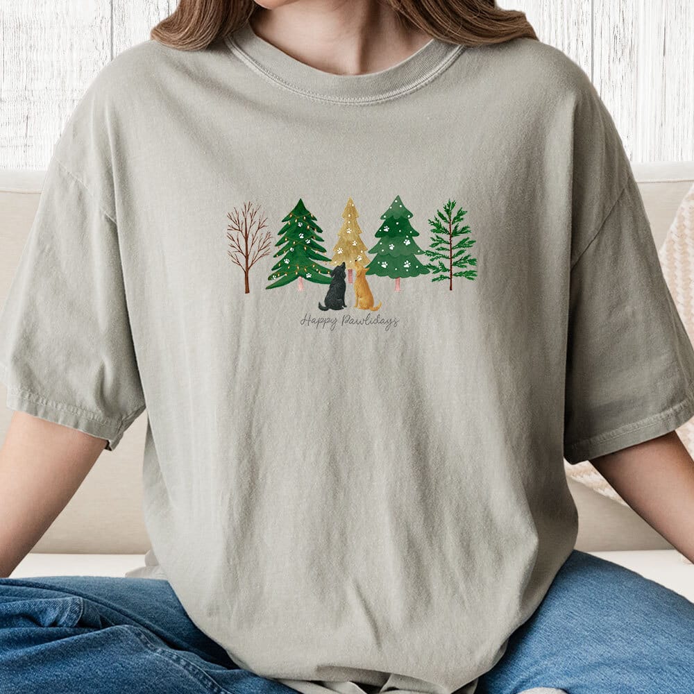 Comfort Colors Happy Pawlidays Trees Vintage Washed Tee - Sandstone