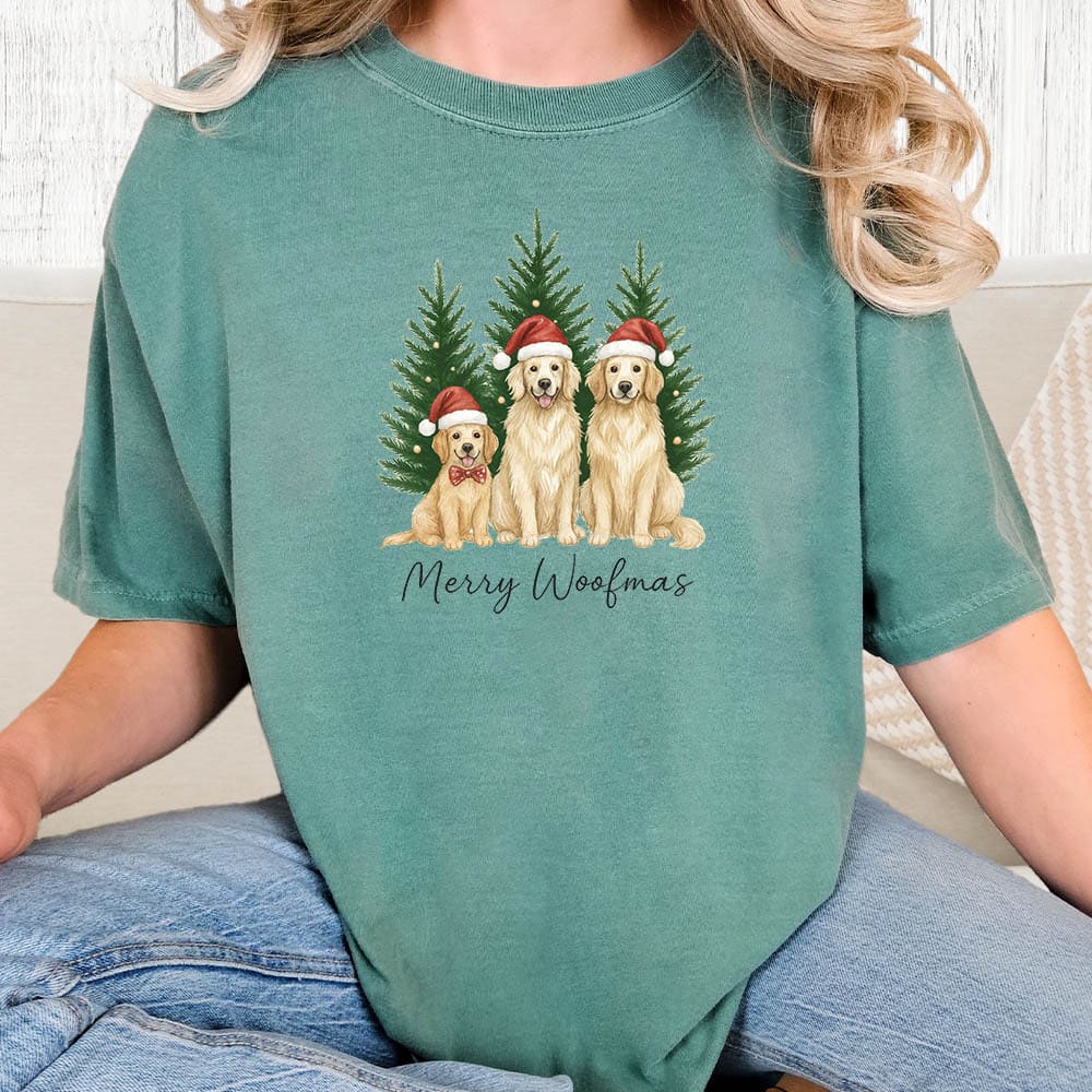 Comfort Colors Golden Retriever Merry Woofmas Vintage Washed Tee - Sea foam