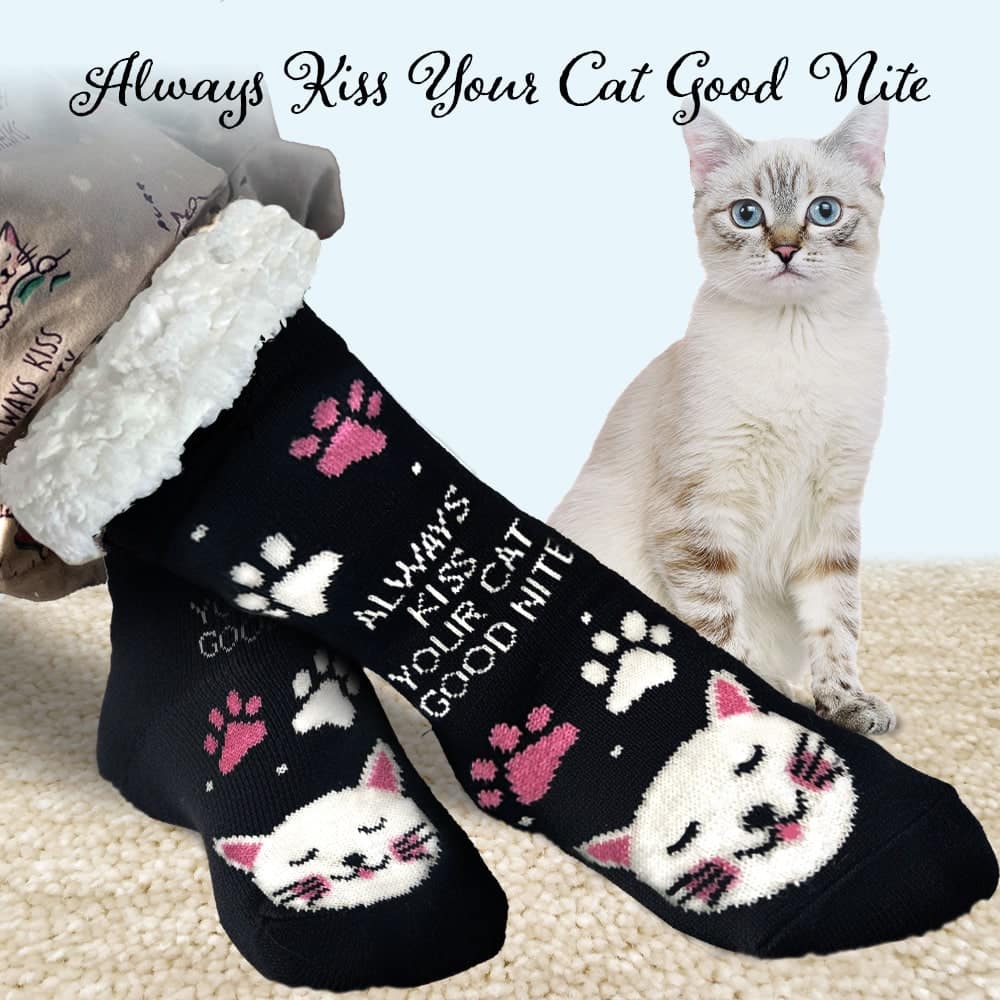 Always Kiss Your Cat Good Nite-Cozy Paw Print Sherpa Lined Slipper Socks- Helps Feeds Hungry Cats in Need