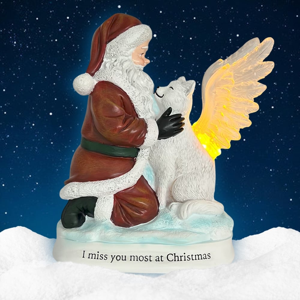 ‘I Miss You Most at Christmas’ Santa & Angel Cat Lighted Memorial Figurine- Helps Feed Hungry Shelter Cats in Need