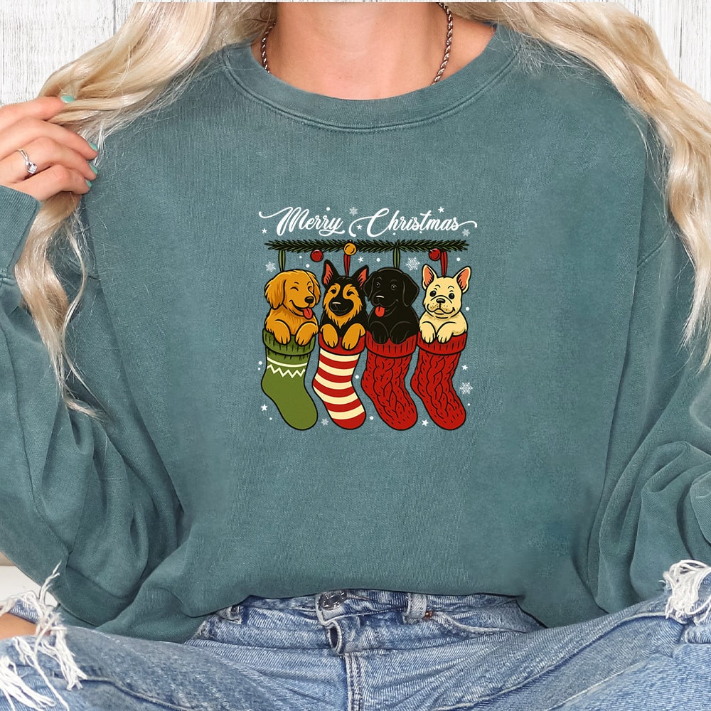 Comfort Colors Merry Christmas Doggie Stockings Premium  Sweatshirt - Blue Spruce