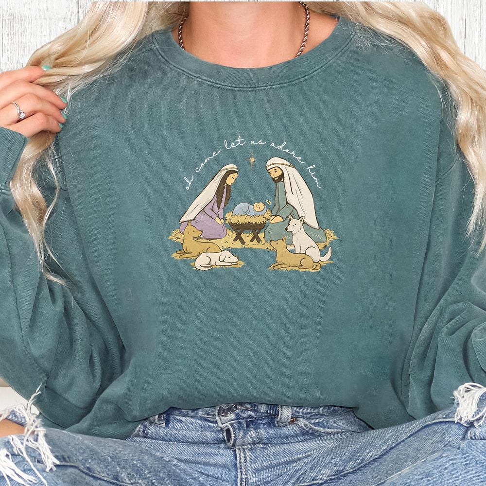 Comfort Colors Oh Come Let Us Adore Him Premium  Sweatshirt - Blue Spruce
