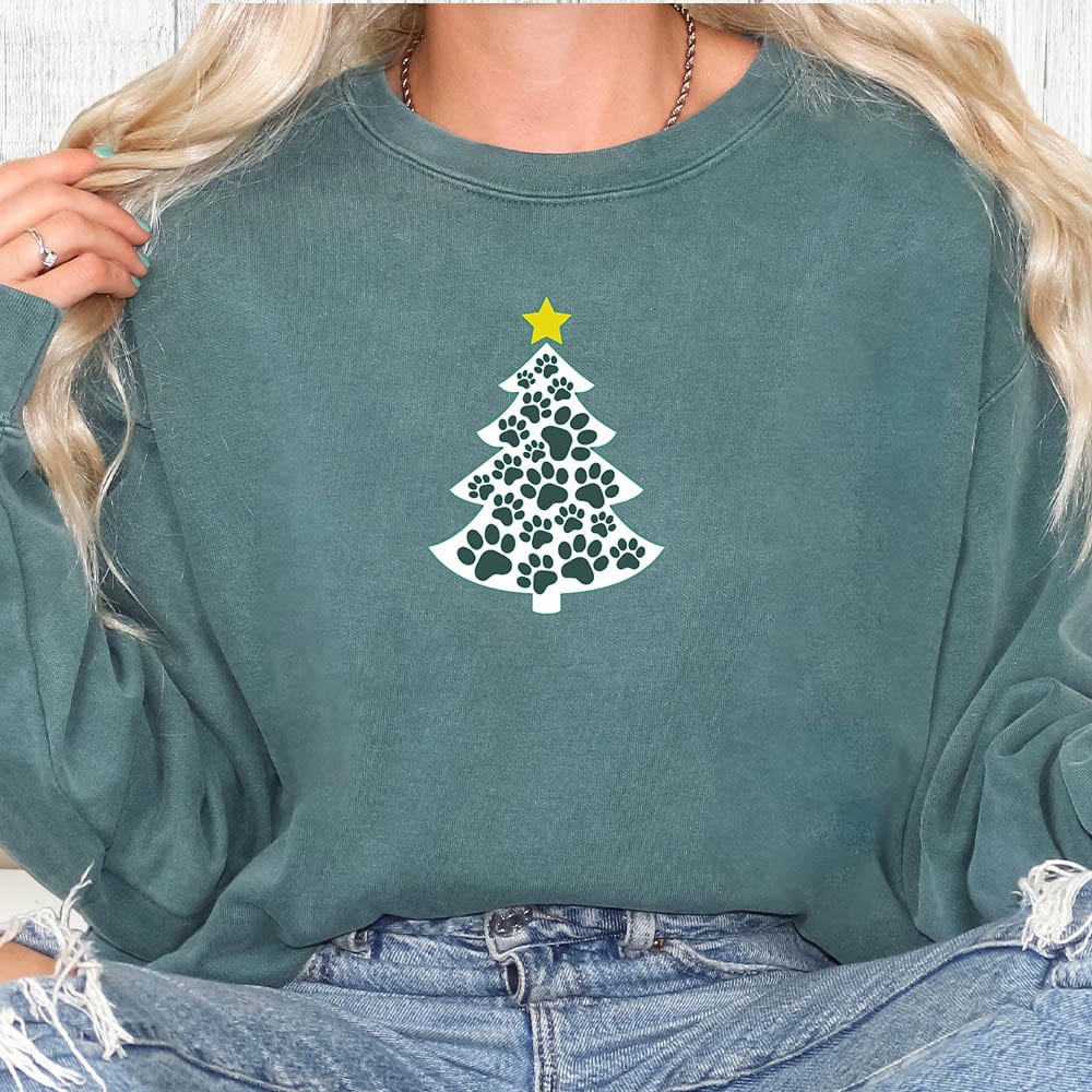 Comfort Colors Merry Christmas Tree Paws Premium Sweatshirt - Blue Spruce