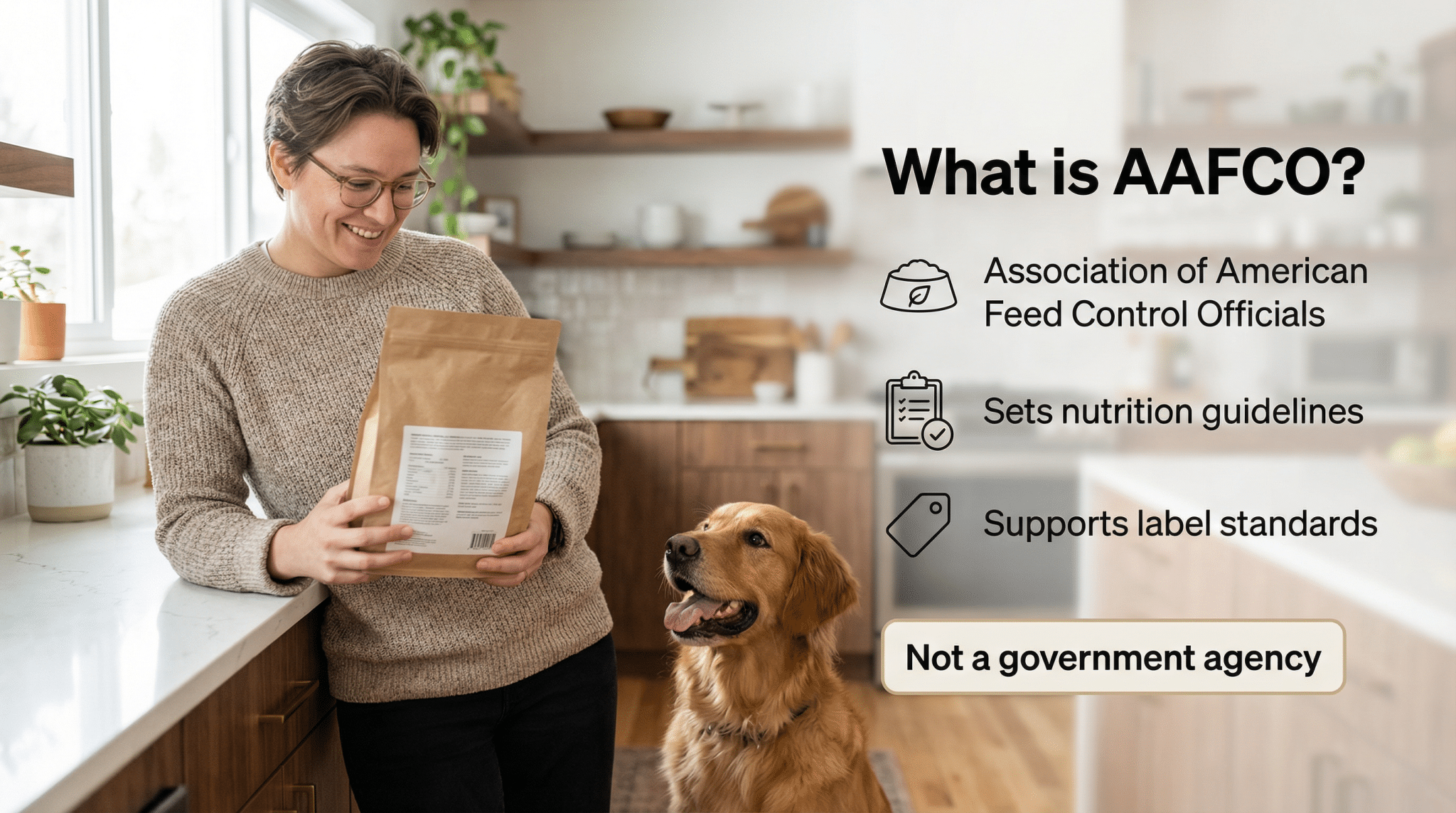 dog and owner looking at bag of food with AAFCO explanation