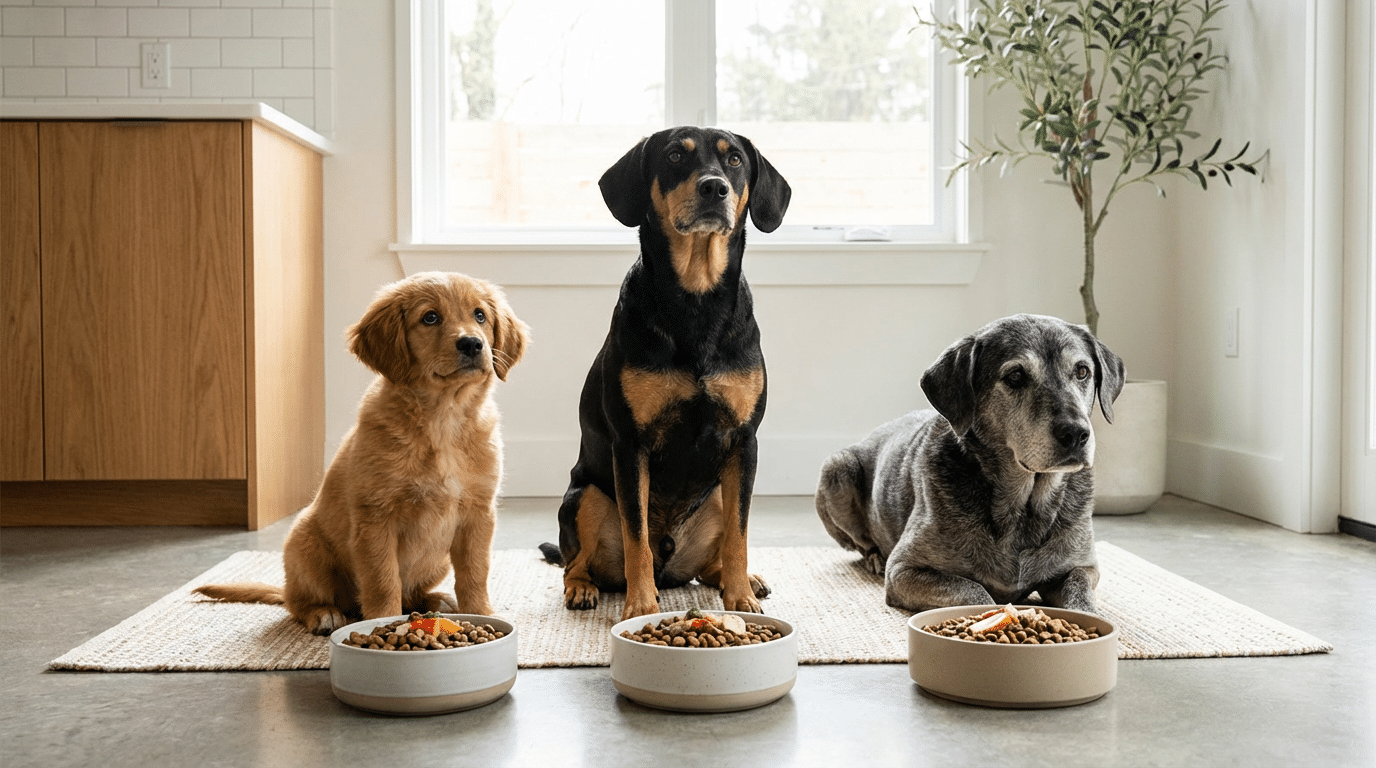 puppy, adult dog, senior dog with food bowls