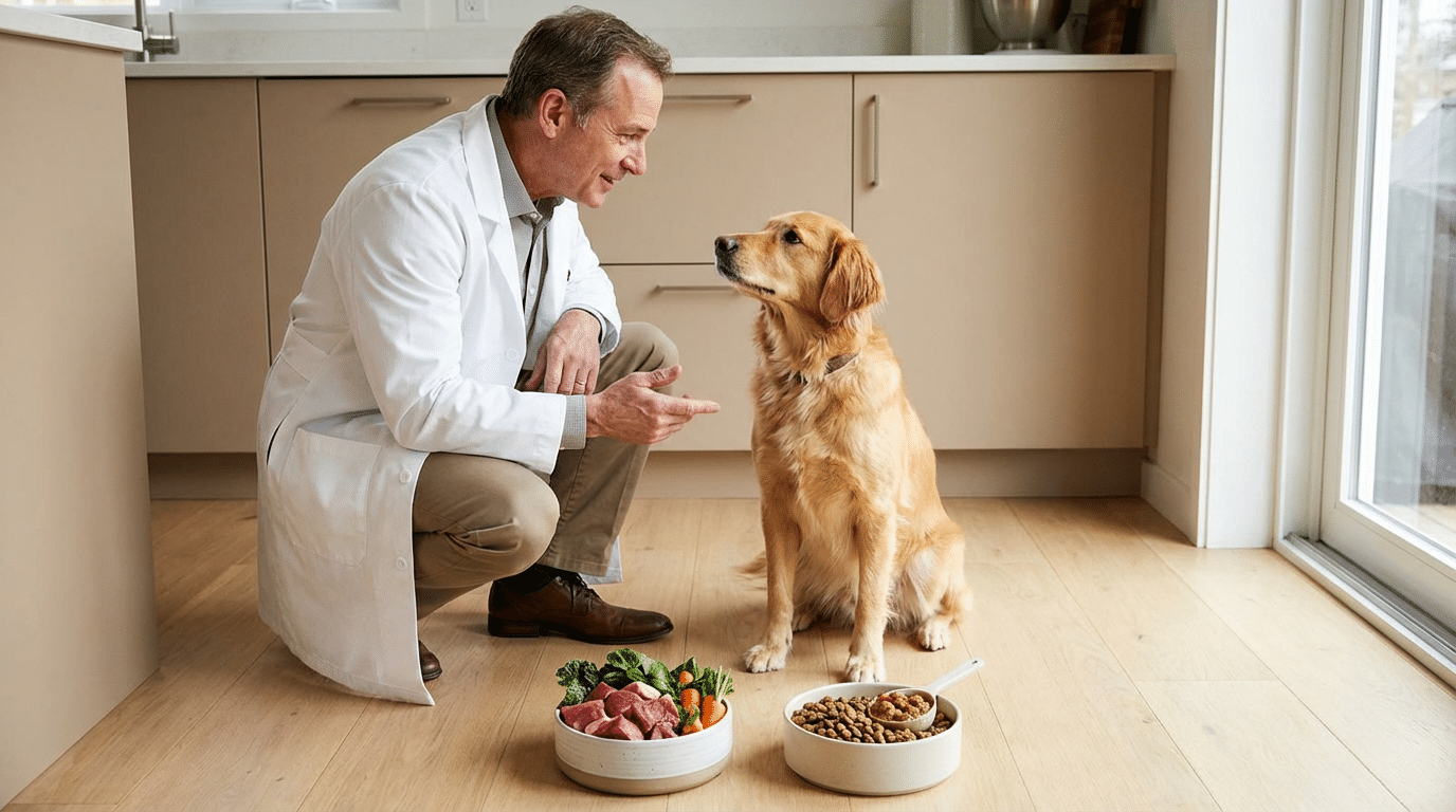 Veterinarian explains raw dog food safety with dog and raw ingredients
